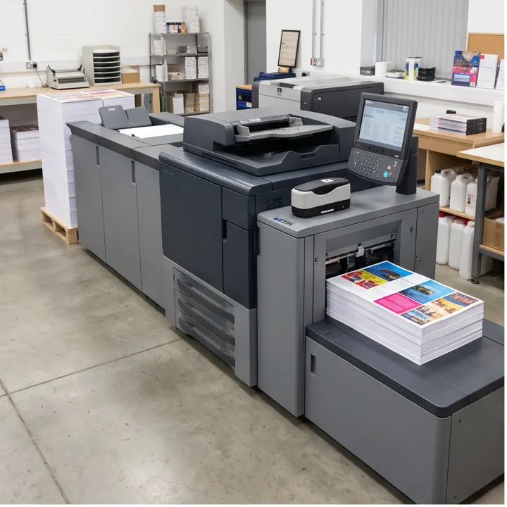 Representative commercial digital production press with paper feeding and output systems